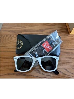 Ray-Ban White Frame Sunglasses with Black Temples and Dark Lenses
